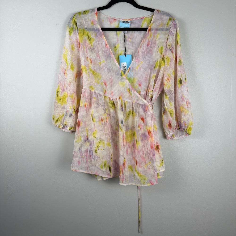 Future Collective Wrap Top Women Medium White/Pink Floral 3/4 Sleeve Plunge Neck